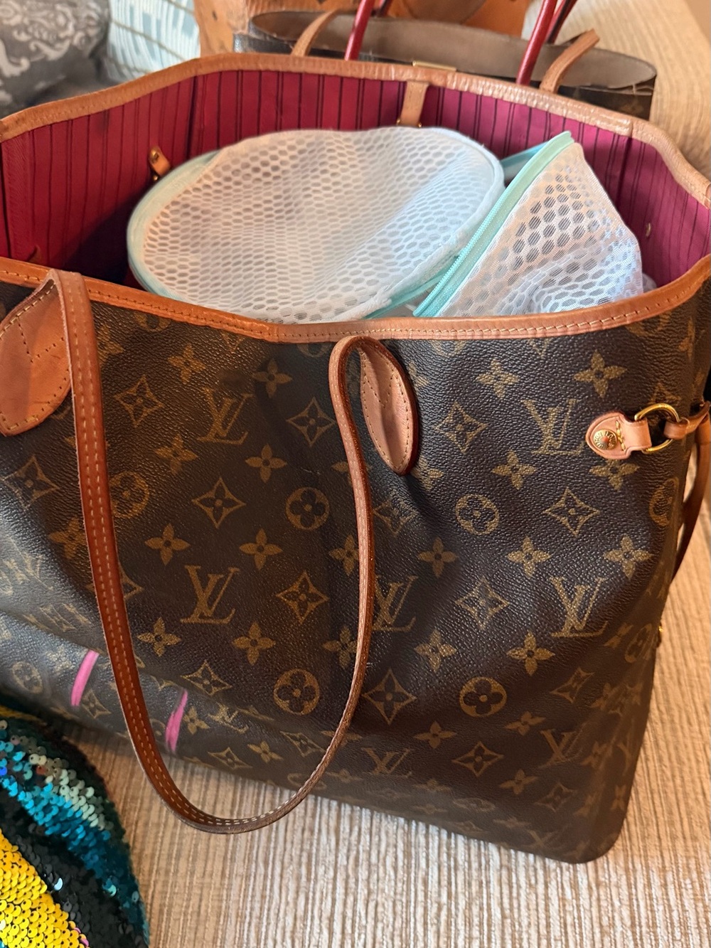 Louis Vuitton Monogram Tote with Brown Exterior and Pink Interior